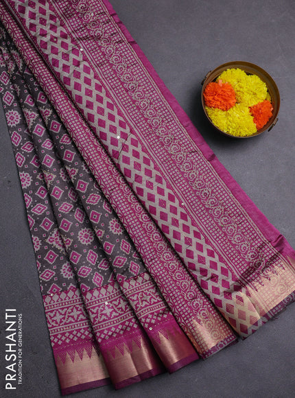 Grey & Magenta Pink Semi Tussar Saree - Kantha Work