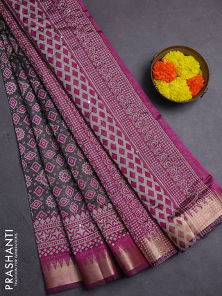 Grey & Magenta Pink Semi Tussar Saree - Kantha Work