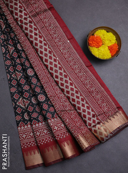 Black & Maroon Semi Tussar Saree - Kantha Work
