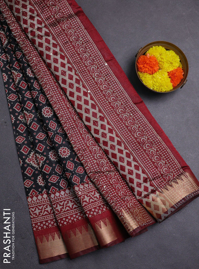Black & Maroon Semi Tussar Saree - Kantha Work
