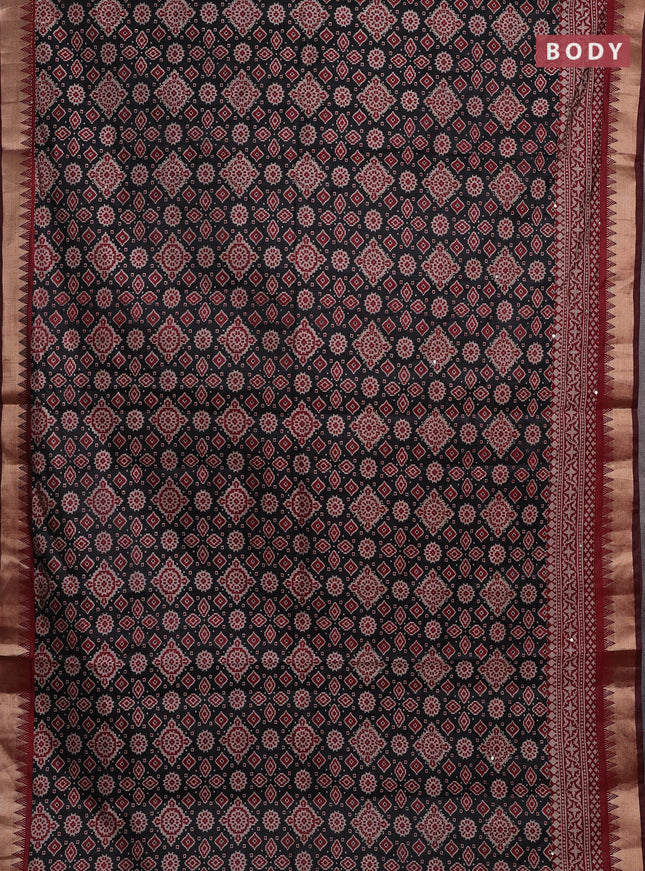 Black & Maroon Semi Tussar Saree - Kantha Work
