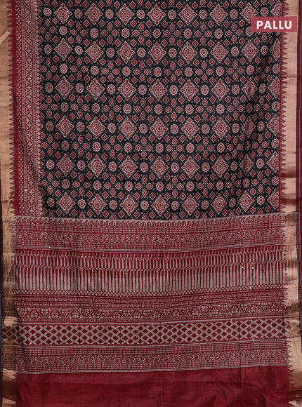 Black & Maroon Semi Tussar Saree - Kantha Work