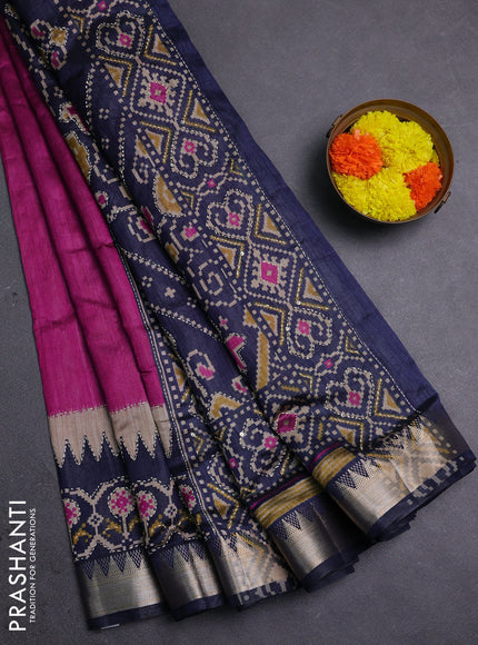 Magenta Pink & Navy Blue Semi Tussar Saree - Kantha Work