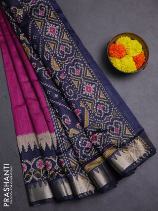 Magenta Pink & Navy Blue Semi Tussar Saree - Kantha Work