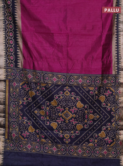 Magenta Pink & Navy Blue Semi Tussar Saree - Kantha Work