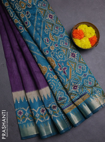 Purple & Teal Green Semi Tussar Saree - Kantha Work
