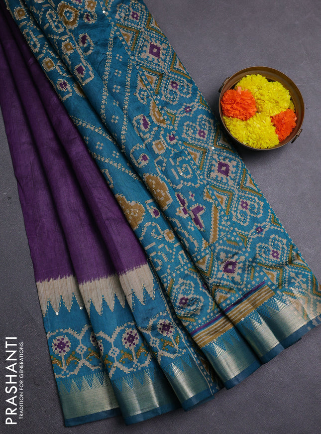 Purple & Teal Green Semi Tussar Saree - Kantha Work
