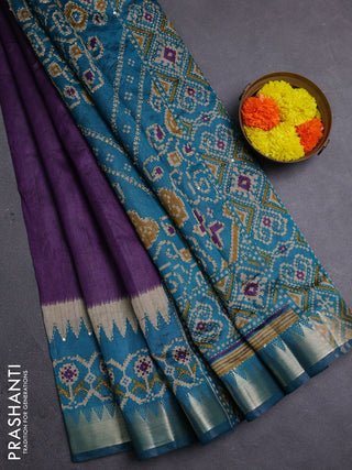 Purple & Teal Green Semi Tussar Saree - Kantha Work