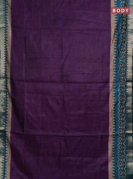 Purple & Teal Green Semi Tussar Saree - Kantha Work