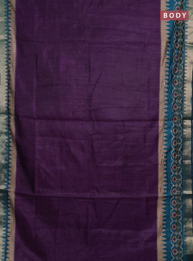 Purple & Teal Green Semi Tussar Saree - Kantha Work