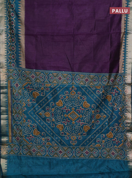 Purple & Teal Green Semi Tussar Saree - Kantha Work