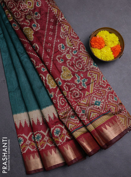 Green & Maroon Semi Tussar Saree - Kantha Work