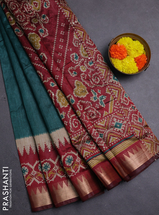 Green & Maroon Semi Tussar Saree - Kantha Work