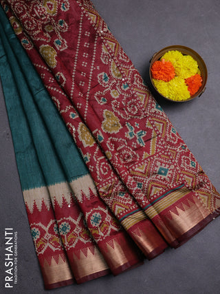 Green & Maroon Semi Tussar Saree - Kantha Work