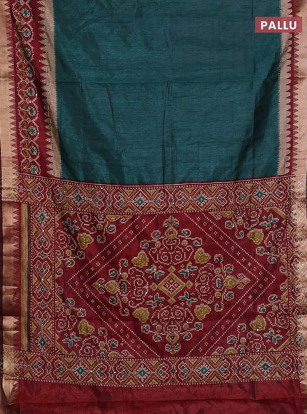 Green & Maroon Semi Tussar Saree - Kantha Work