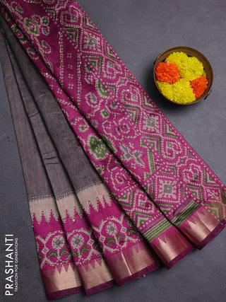 Grey & Magenta Pink Semi Tussar Saree - Kantha Work