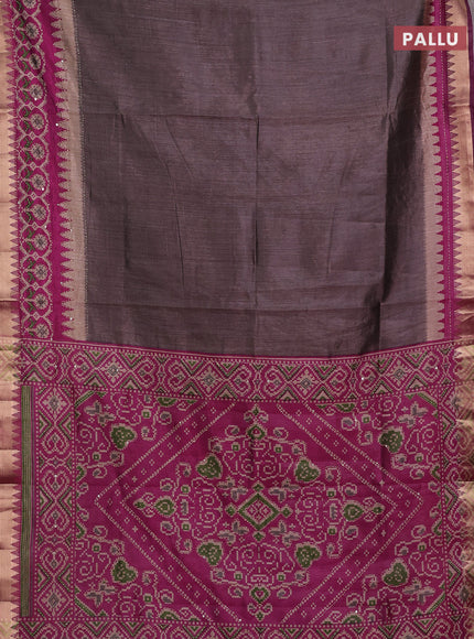 Grey & Magenta Pink Semi Tussar Saree - Kantha Work