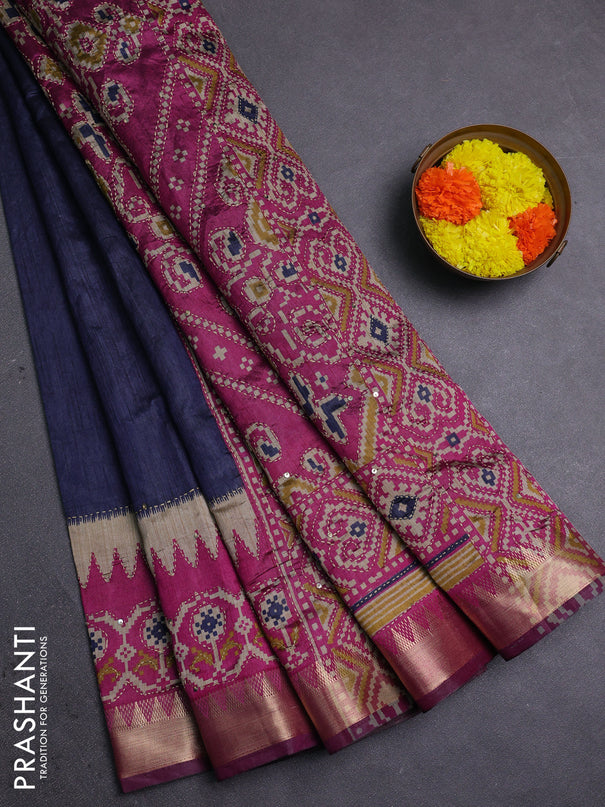 Navy Blue & Magenta Pink Semi Tussar Saree - Kantha Work