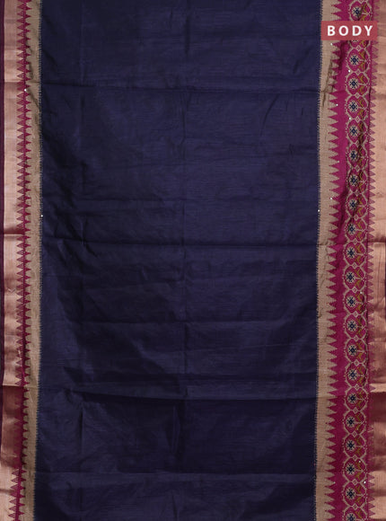 Navy Blue & Magenta Pink Semi Tussar Saree - Kantha Work