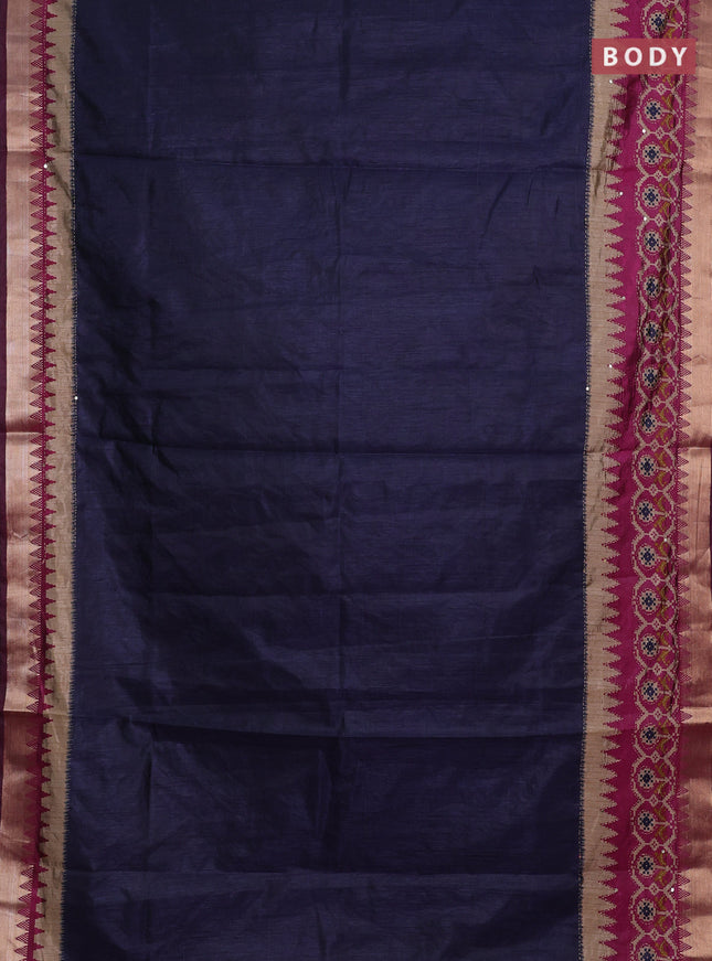 Navy Blue & Magenta Pink Semi Tussar Saree - Kantha Work
