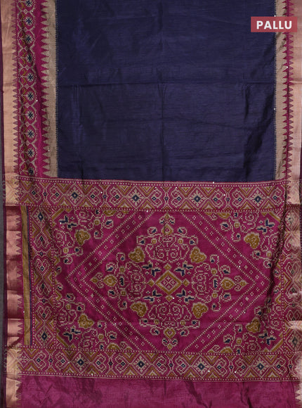 Navy Blue & Magenta Pink Semi Tussar Saree - Kantha Work