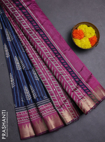 Navy Blue & Magenta Pink Semi Tussar Saree - Kantha Work