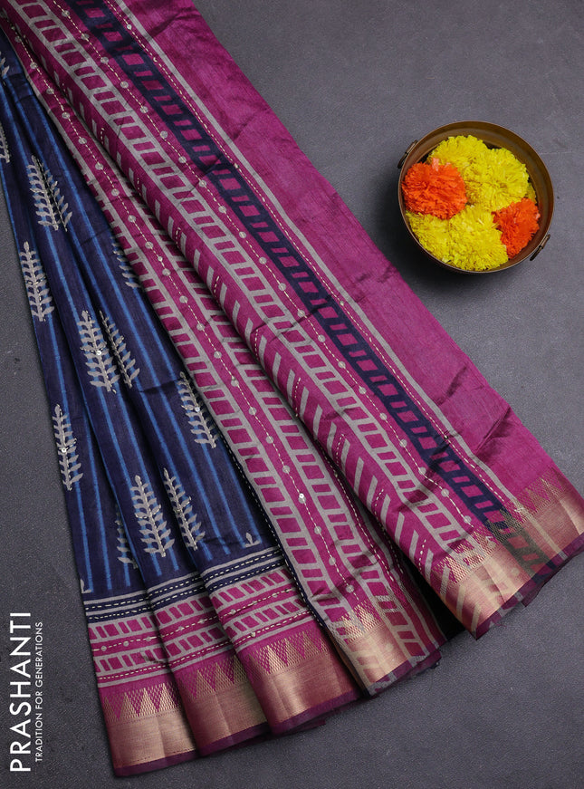 Navy Blue & Magenta Pink Semi Tussar Saree - Kantha Work
