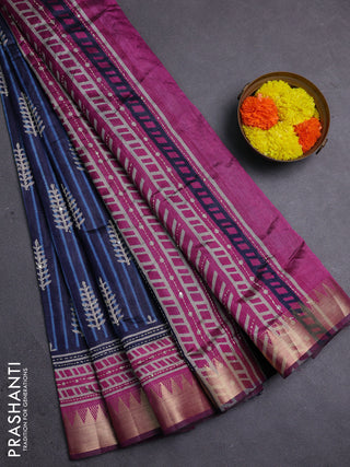 Navy Blue & Magenta Pink Semi Tussar Saree - Kantha Work