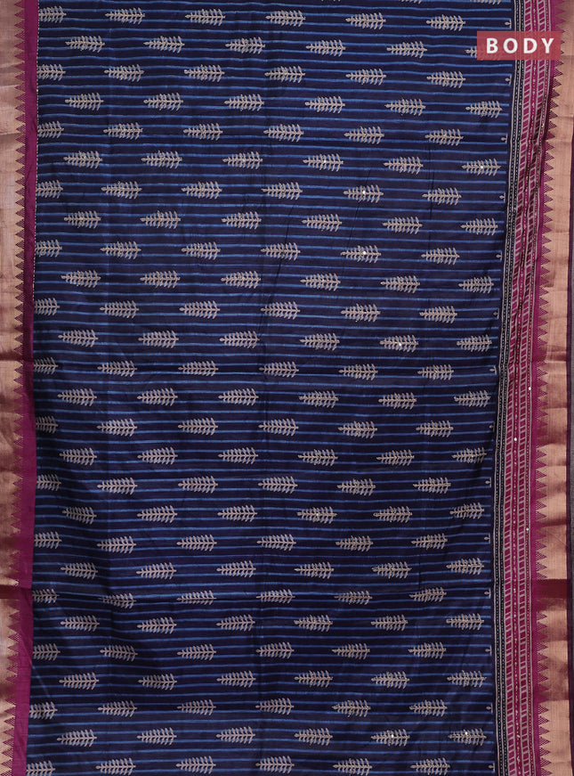 Navy Blue & Magenta Pink Semi Tussar Saree - Kantha Work