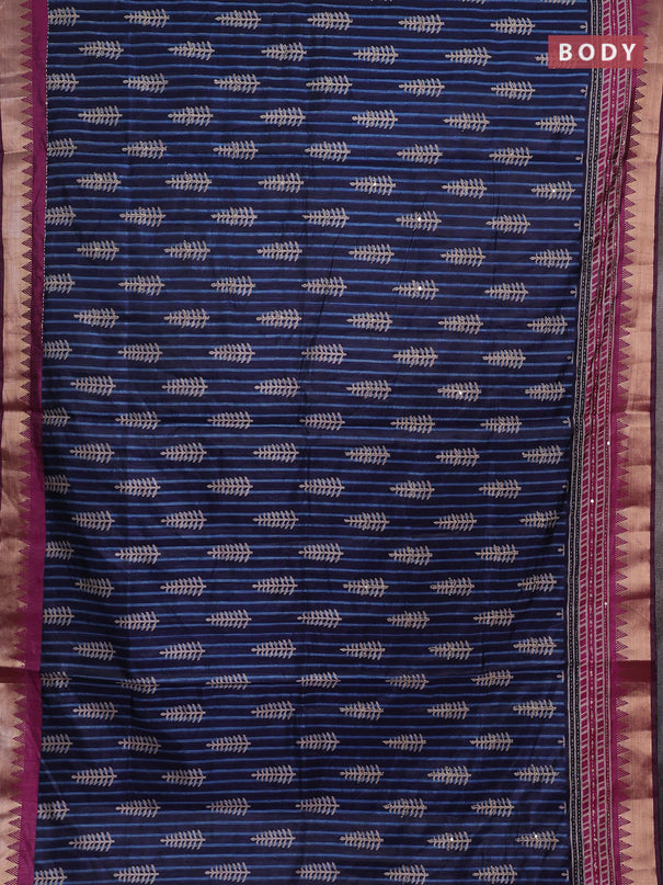 Navy Blue & Magenta Pink Semi Tussar Saree - Kantha Work