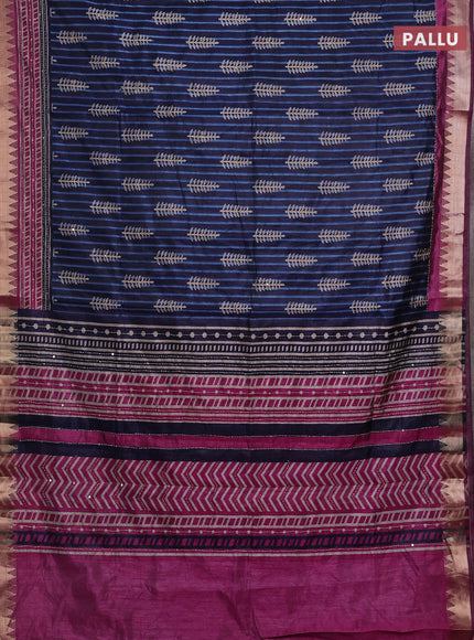 Navy Blue & Magenta Pink Semi Tussar Saree - Kantha Work