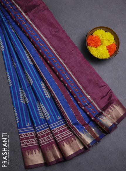 Blue & Wine Semi Tussar Saree - Kantha Work