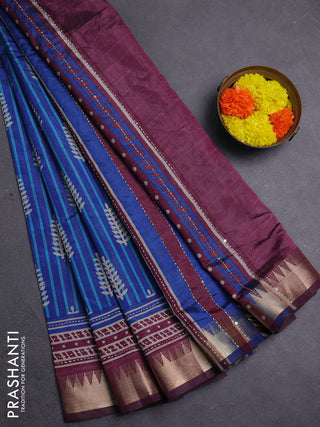 Blue & Wine Semi Tussar Saree - Kantha Work