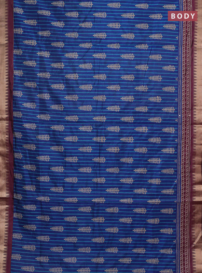 Blue & Wine Semi Tussar Saree - Kantha Work