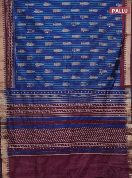 Blue & Wine Semi Tussar Saree - Kantha Work