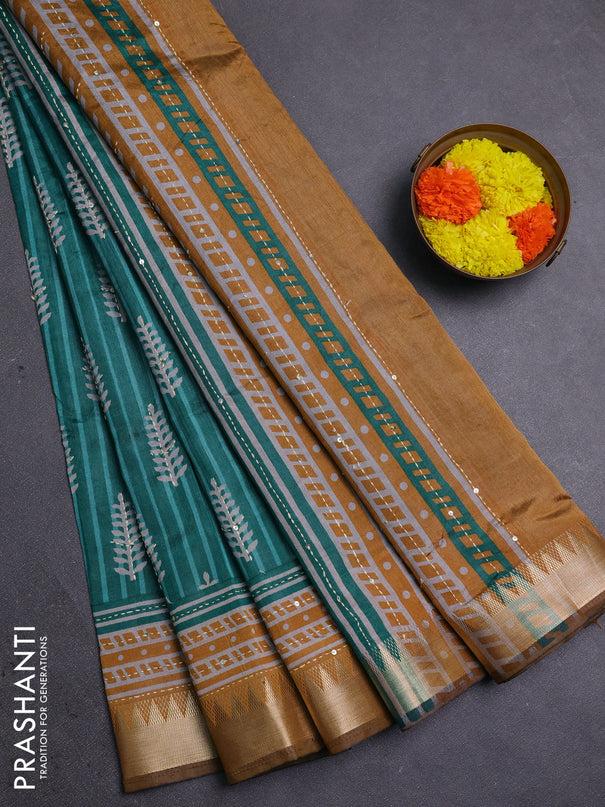 Green & Mustard Yellow Semi Tussar Saree - Kantha Work