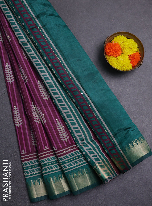 Wine & Green Semi Tussar Saree - Kantha Work