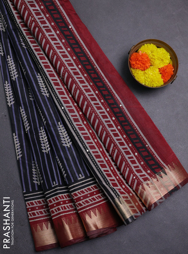 Black & Maroon Semi Tussar Saree - Kantha Work