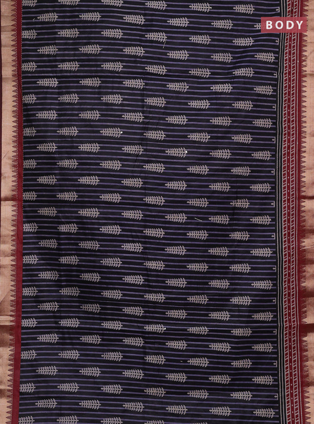Black & Maroon Semi Tussar Saree - Kantha Work