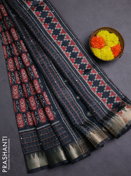 Elephant Grey & Red Semi Tussar Saree - Kantha Work