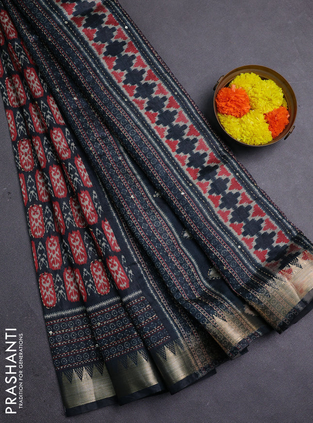 Elephant Grey & Red Semi Tussar Saree - Kantha Work