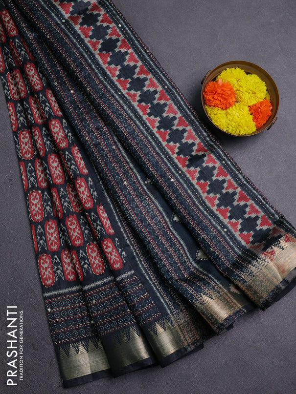 Elephant Grey & Red Semi Tussar Saree - Kantha Work