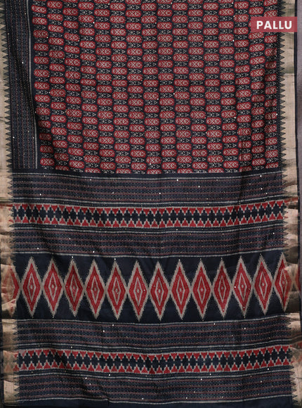 Elephant Grey & Red Semi Tussar Saree - Kantha Work