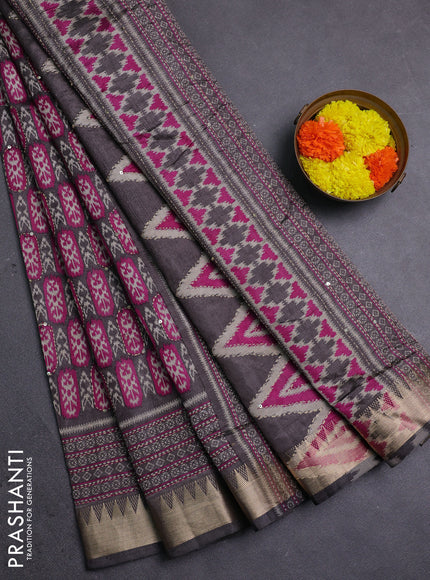 Grey & Magenta Pink Semi Tussar Saree - Kantha Work