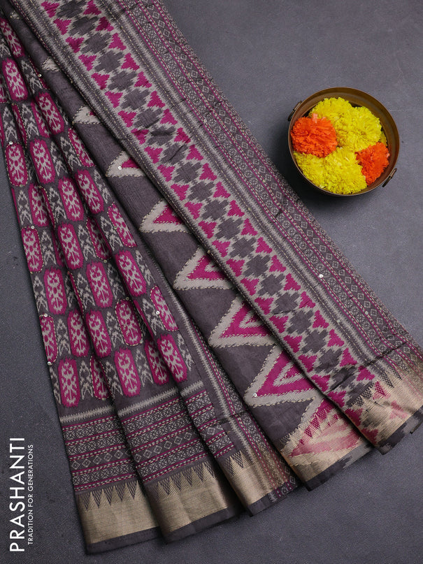 Grey & Magenta Pink Semi Tussar Saree - Kantha Work