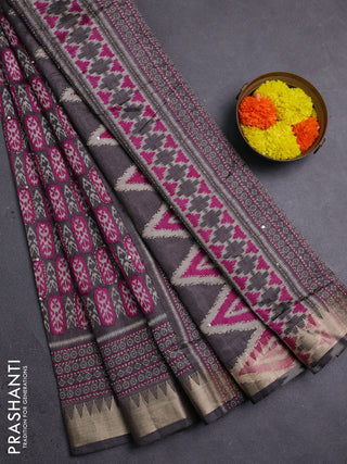 Grey & Magenta Pink Semi Tussar Saree - Kantha Work