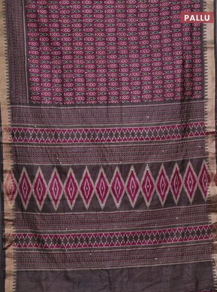 Grey & Magenta Pink Semi Tussar Saree - Kantha Work
