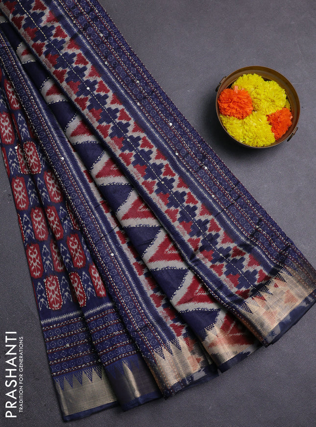 Navy Blue & Maroon Semi Tussar Saree - Kantha Work