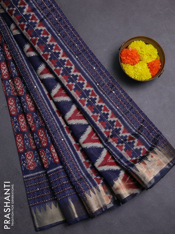 Navy Blue & Maroon Semi Tussar Saree - Kantha Work