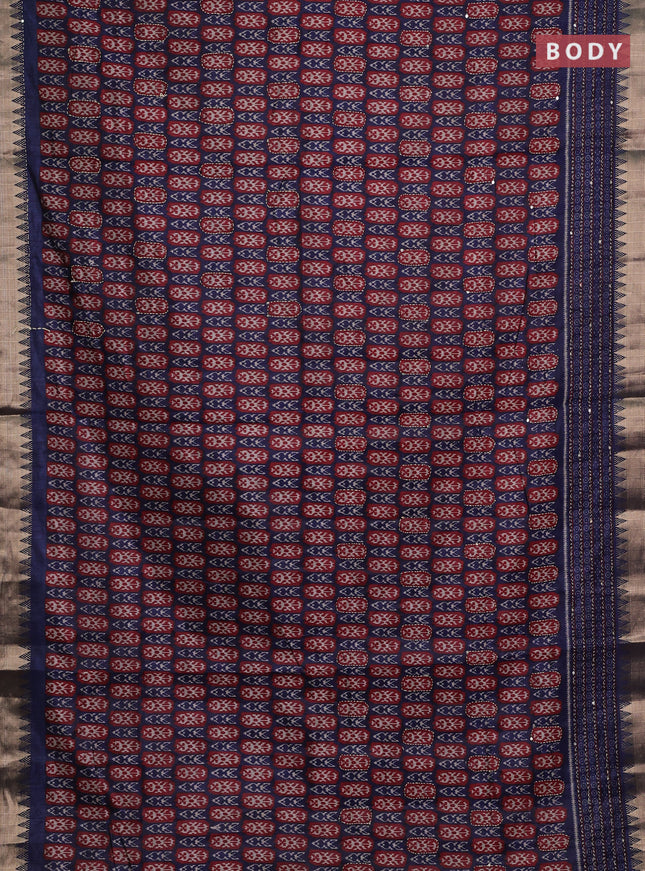 Navy Blue & Maroon Semi Tussar Saree - Kantha Work